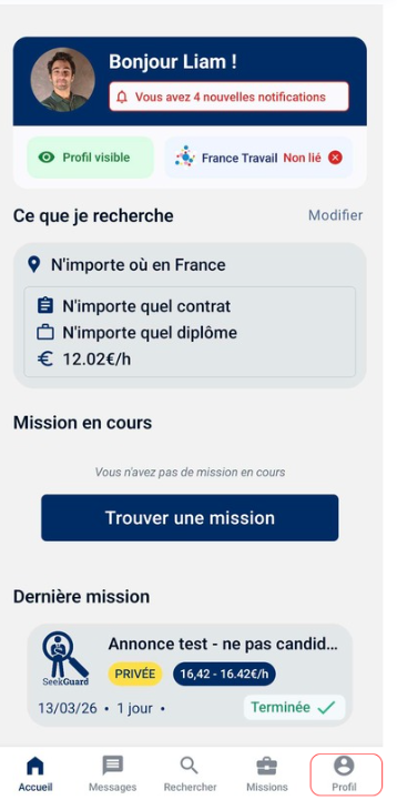 Barre de navigation avec l'icône Profil mise en évidence